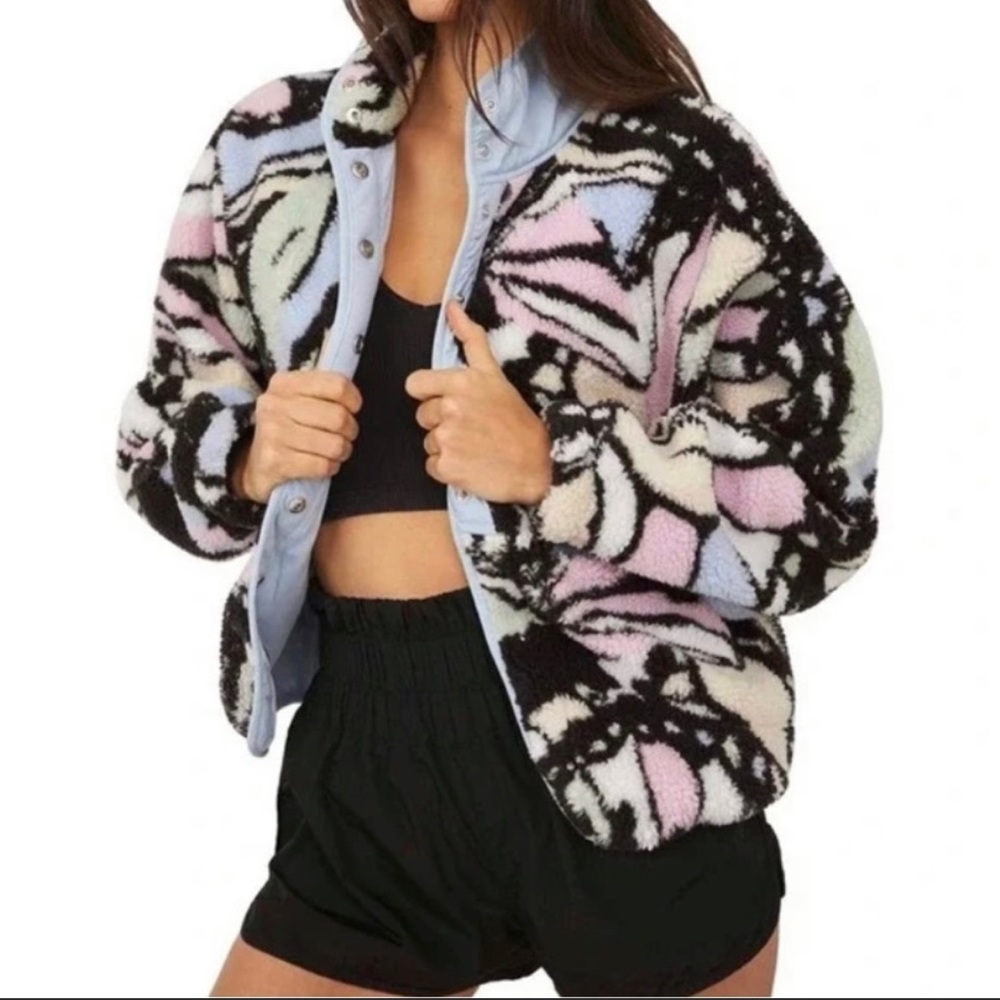Free People Pastel Floral Teddy Jacket in Black, Pink, Blue, Cream